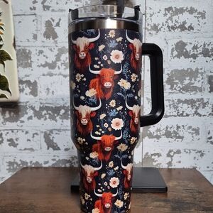Insulated Black Tumbler with Highland Cow Floral Design